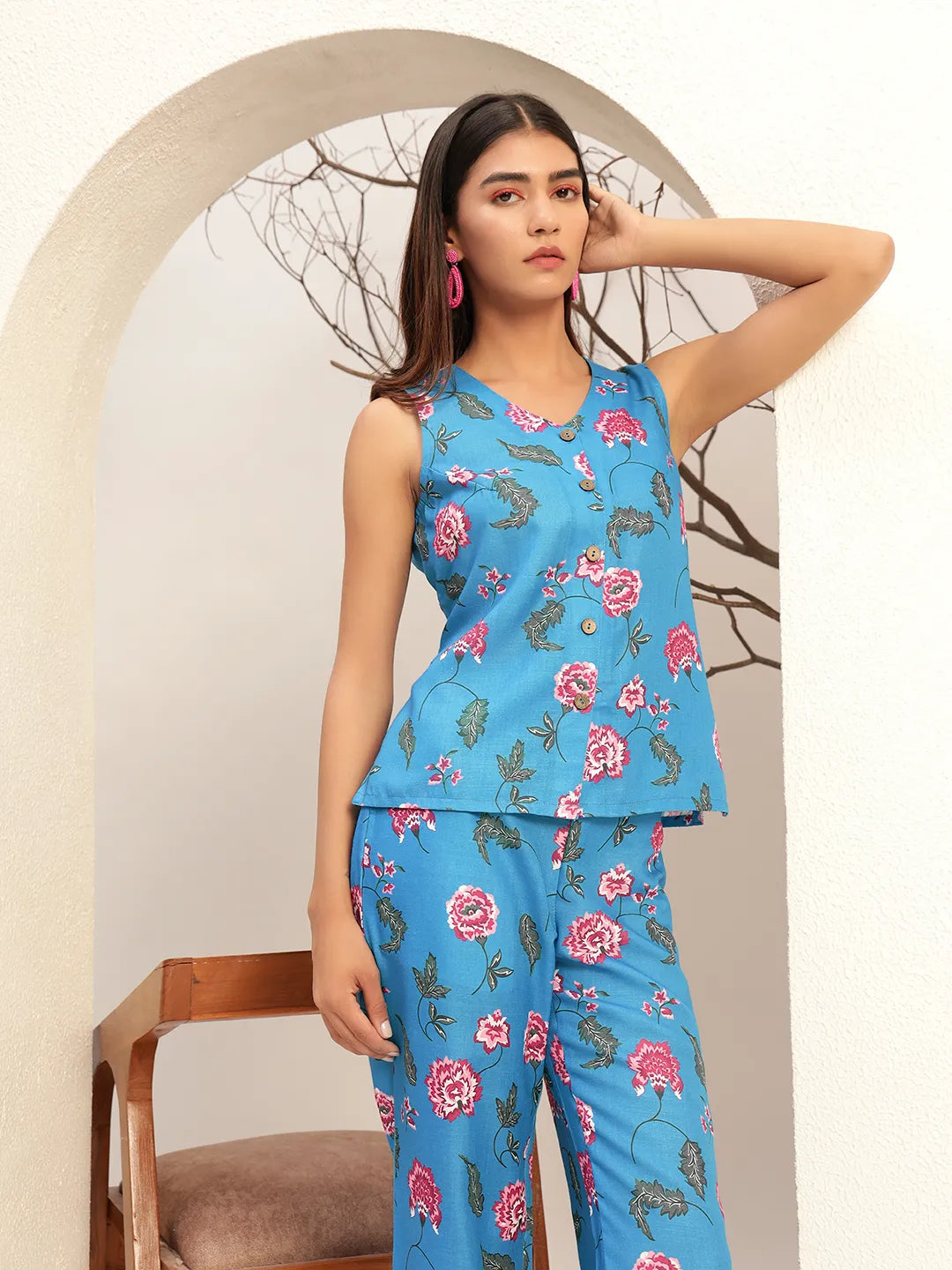 Printed with V-Neck Causal Tunic & Trouser With Waistcoat Co-Ords